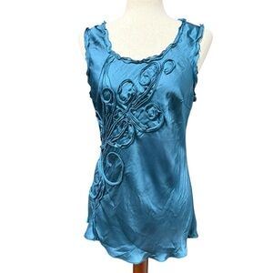 Kenar Teal Y2K 3D Swirl Satin Tank Top Size Medium Boho Artsy Shiny Silky Blue